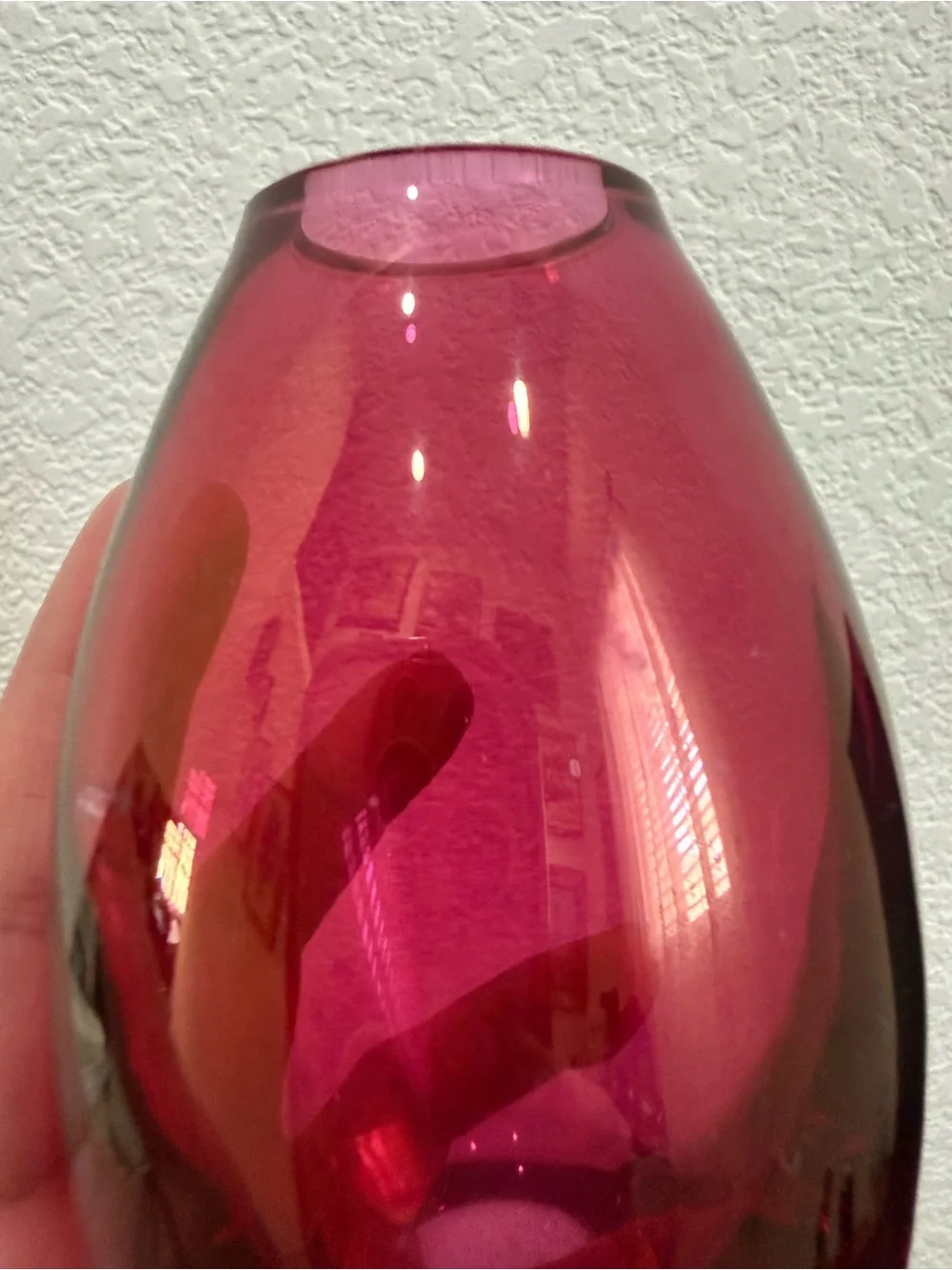 Iridescent Cranberry Rounded Teardrop Blown Art Glass 5” Vase